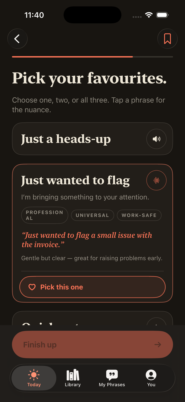 Picking favourite phrases with tone and formality tags