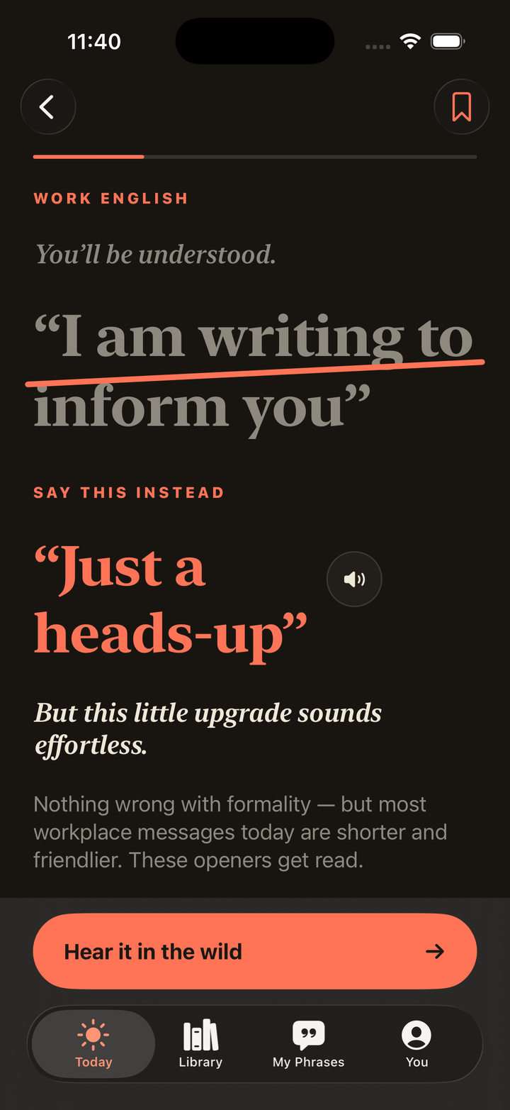 A lesson striking through 'I am writing to inform you' and suggesting 'Just a heads-up'